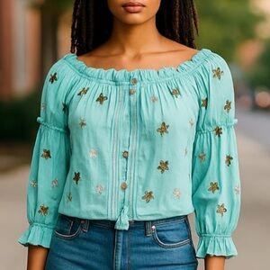 ROCOCO SAND Embroidered Off-Shoulder Top in Turquoise SZ L